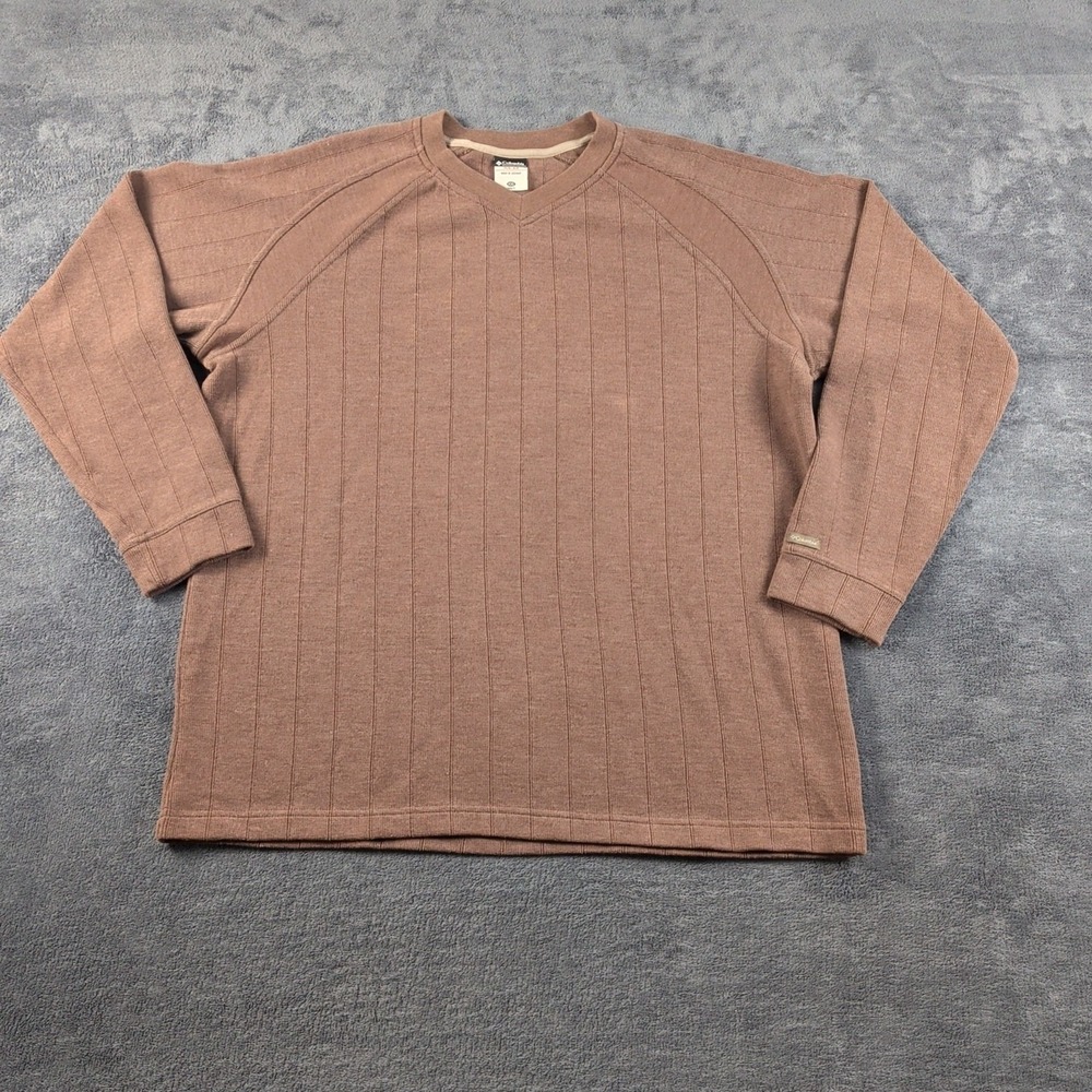 Vintage Columbia XCO Sweatshirt Men's 2XL Brown V Neck Ribbed Pinstripe Pullover
